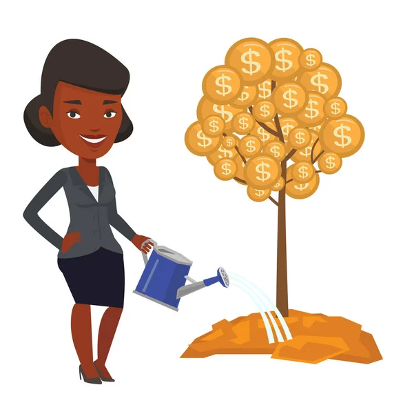Mulher molhando dinheiro árvore vetor ilustração . — Vetor de Stock