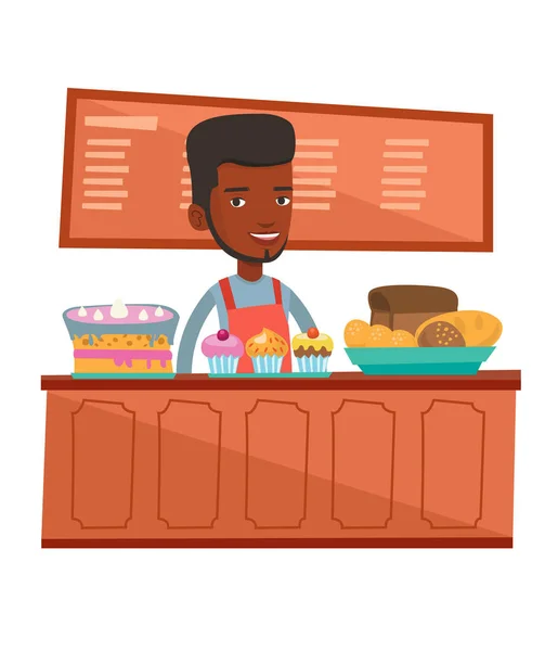 Travailleur debout derrière le comptoir à la boulangerie . — Image vectorielle
