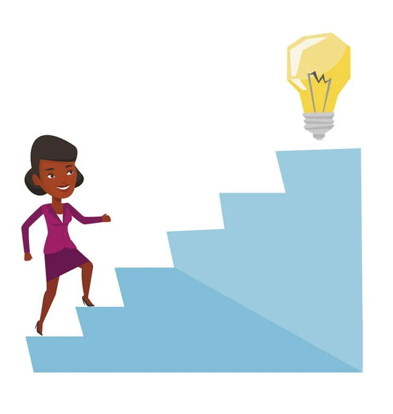 Obchodní žena chůzi nahoru k myšlence žárovka. — Stockový vektor