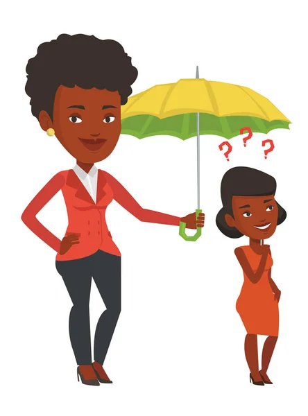 Affärskvinna hålla paraply över ung man. — Stock vektor