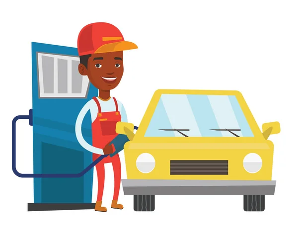 Trabajador llenando combustible en el coche . — Vector de stock