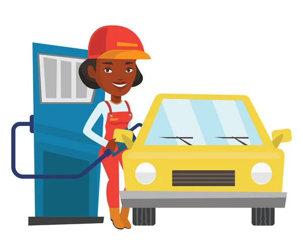 Trabajador llenando combustible en el coche . — Vector de stock