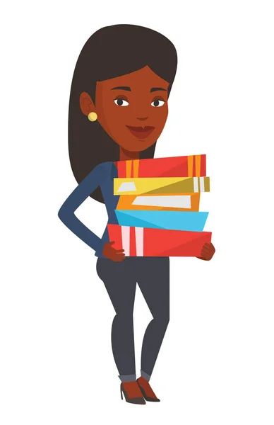 Femme tenant pile de livres illustration vectorielle . — Image vectorielle