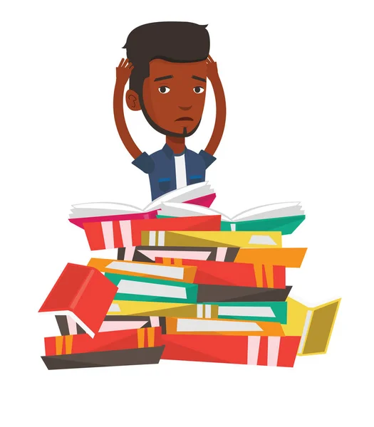 Student in enorme stapel boeken zit. — Stockvector