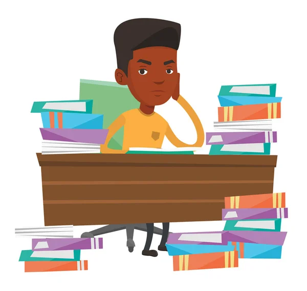 Estudiante sentado a la mesa con montones de libros . — Vector de stock