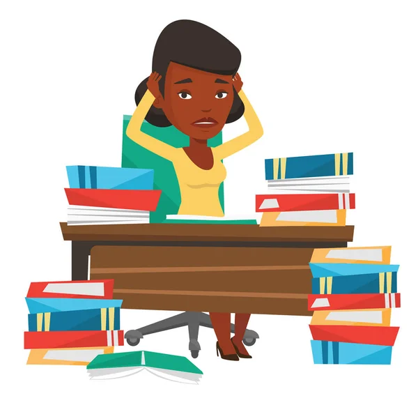 Estudiante sentado a la mesa con montones de libros . — Vector de stock