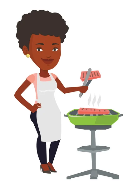 Nő főzés barbecue grill steak. — Stock Vector