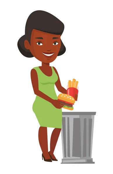 Mulher jogando junk food vector ilustração . — Vetor de Stock