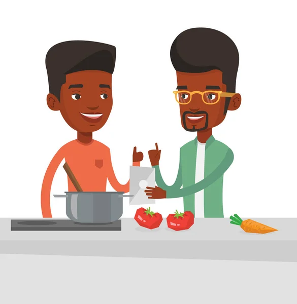 Mannen koken gezonde plantaardige maaltijd. — Stockvector