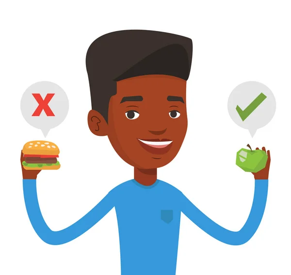 Hombre elegir entre hamburguesa y magdalena . — Vector de stock