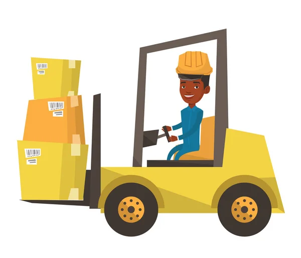 Κίνηση φορτίου από περονοφόρο όχημα εργάτης αποθήκης. — Διανυσματικό Αρχείο