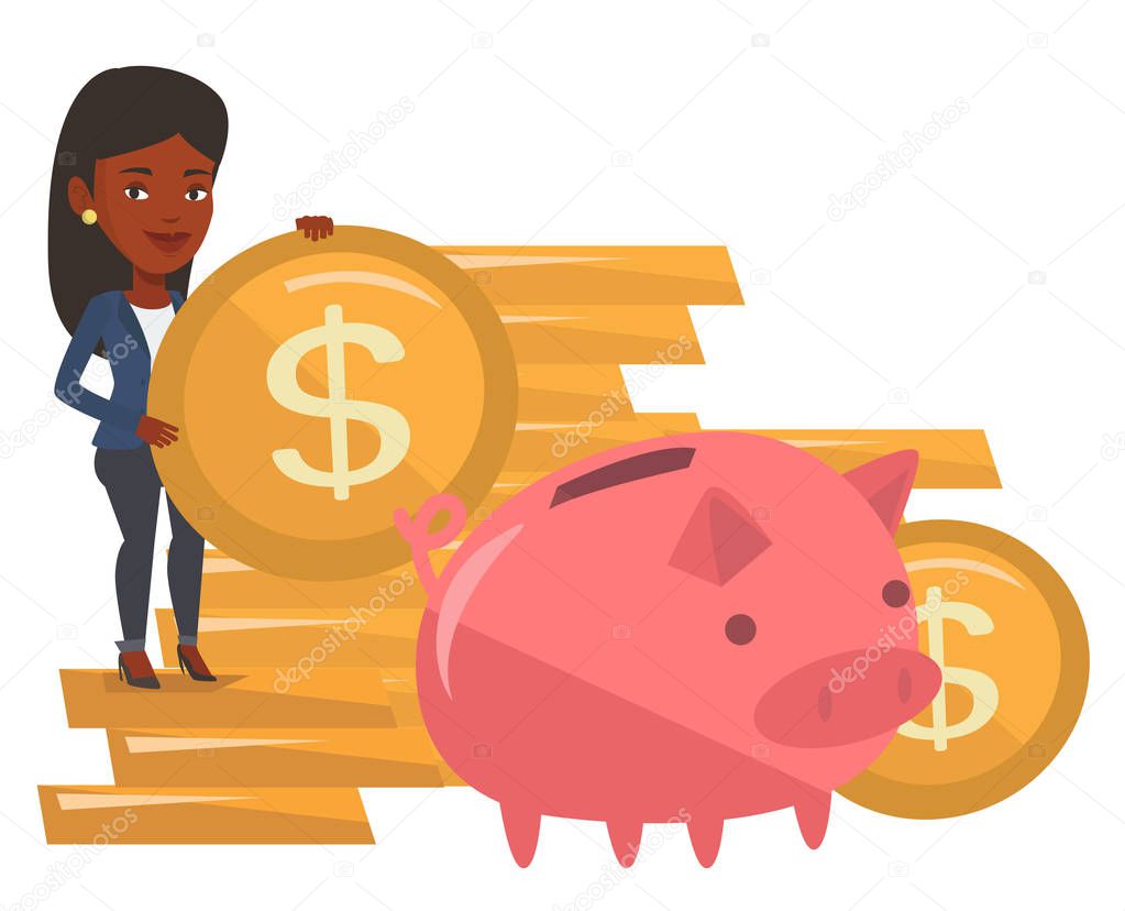 Businesswoman putting coin in piggy bank.