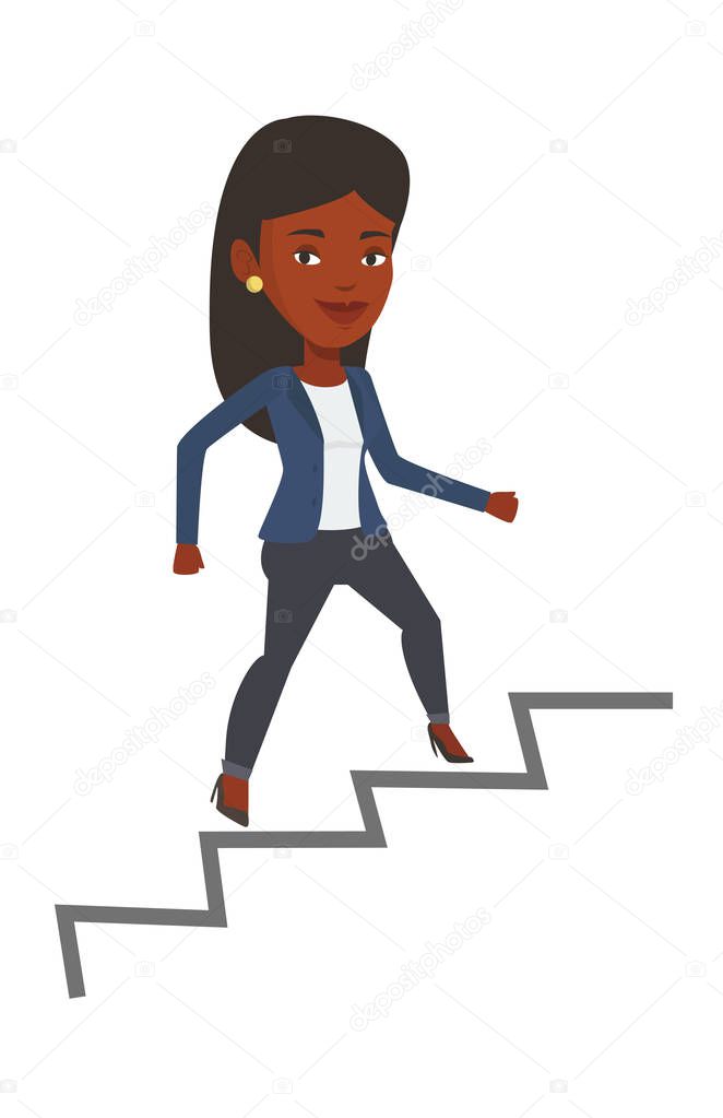 Business woman running up the career ladder.