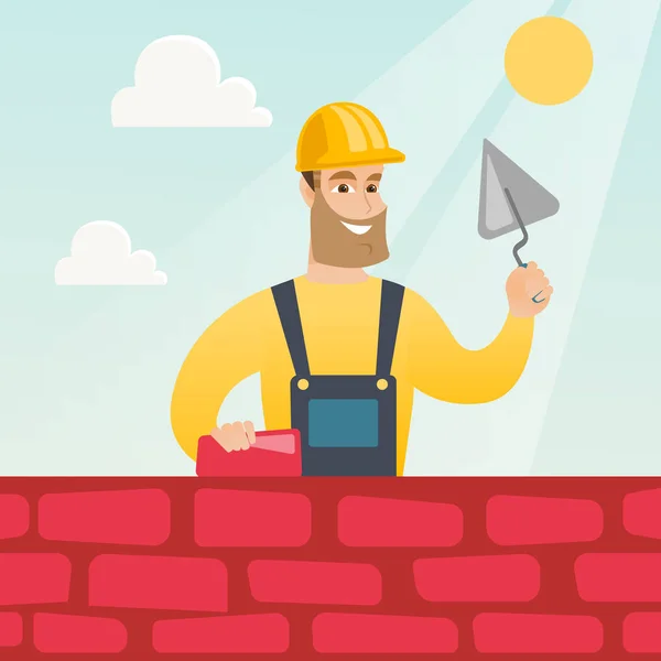 Bricklayer working with spatula and brick. — Stock Vector