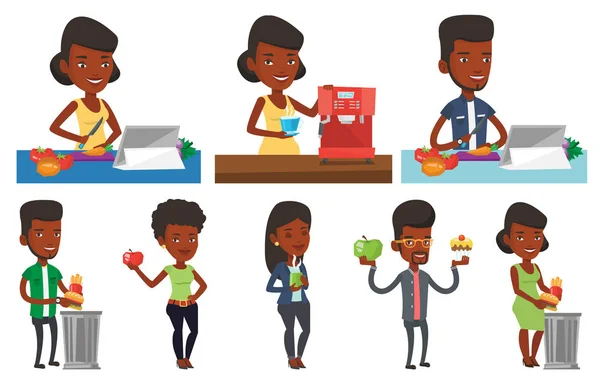 Conjunto vectorial de personas comiendo y bebiendo . — Vector de stock