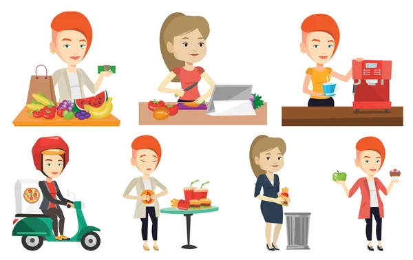 Conjunto vectorial de personas comiendo y bebiendo . — Vector de stock