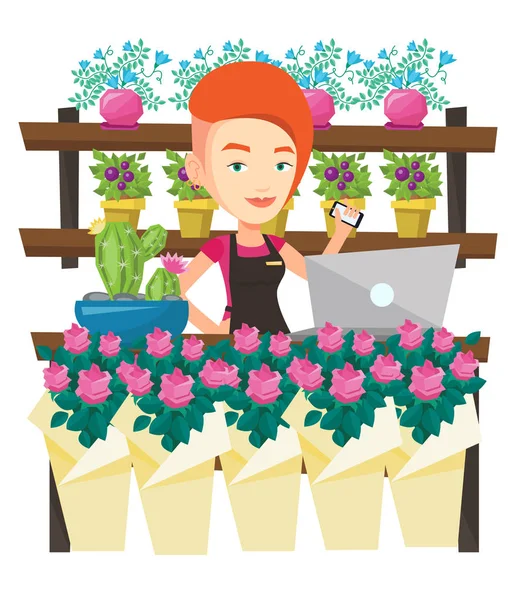 Florist på flower shop vektor illustration. — Stock vektor