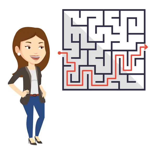 Business woman looking at labyrinth with solution. — Stock Vector