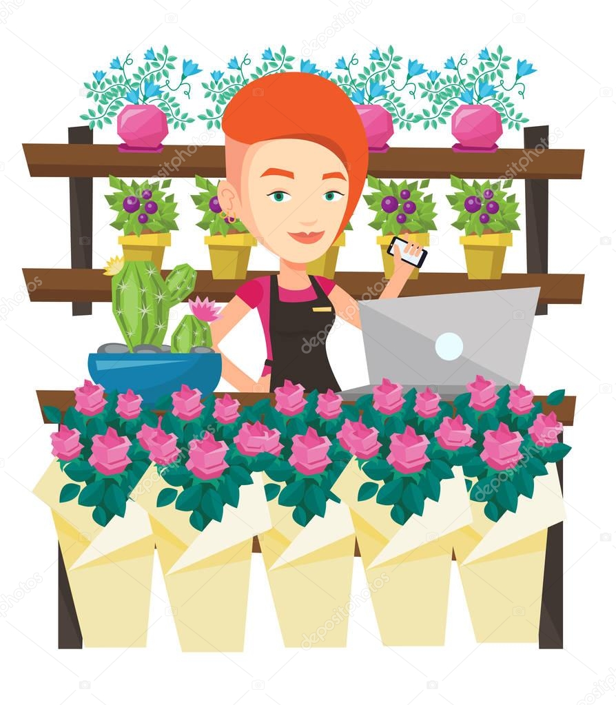 Florist at flower shop vector illustration.
