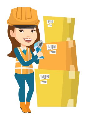 İşçi tarama barkod kutusu üzerinde ambar.