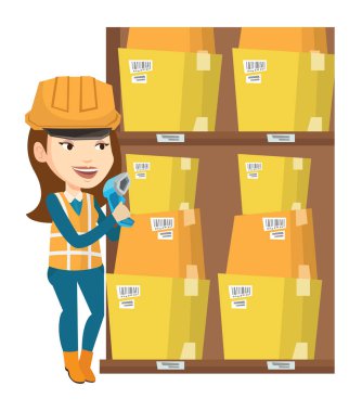 İşçi tarama barkod kutusu üzerinde ambar.