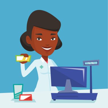 Biraz ilaç gösterilen eczacı.