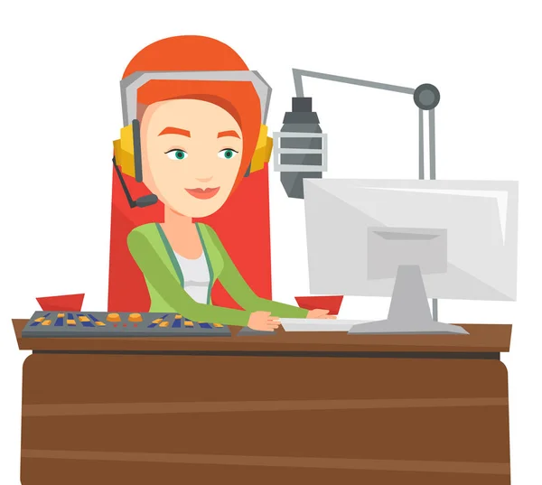 Feminino dj trabalhando na ilustração do vetor de rádio — Vetor de Stock