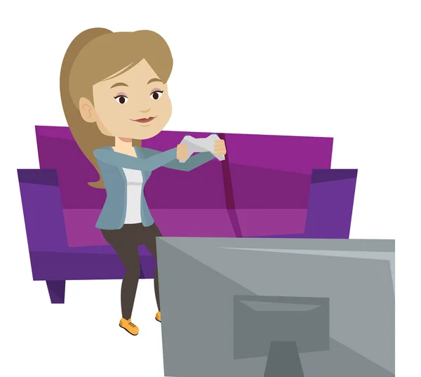 Γυναίκα παίζει βίντεο παιχνίδι εικονογράφηση διάνυσμα. — Διανυσματικό Αρχείο