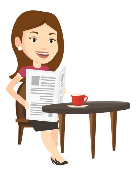 Vrouw krant lezen en drinken koffie. — Stockvector