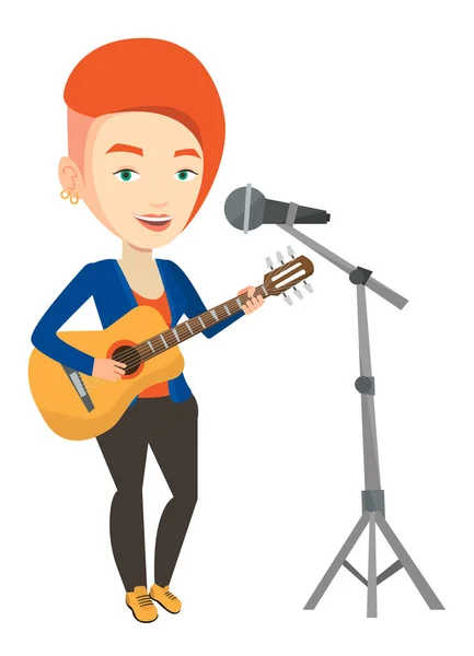Жінка співає в мікрофоні і грає на гітарі . — стоковий вектор