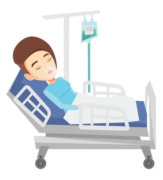 Paciente acostado en cama de hospital con máscara de oxígeno . — Vector de stock