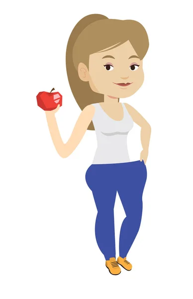 Slanke vrouw in broek resultaten van haar dieet. — Stockvector