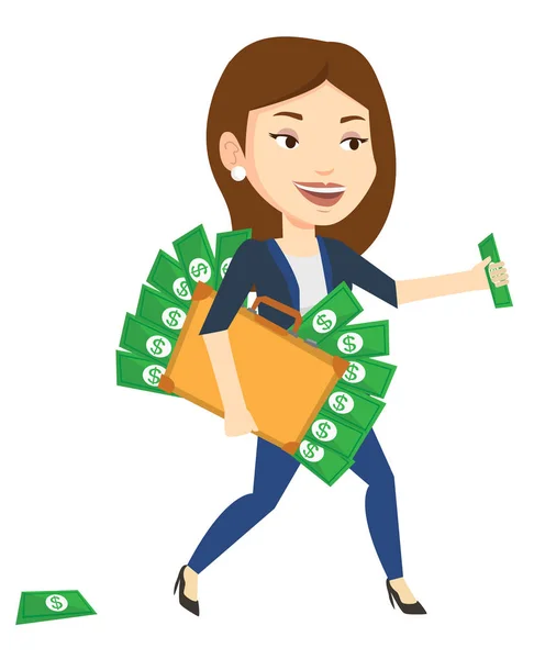 Business woman with briefcase full of money. — Stock Vector