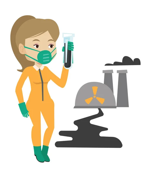 Test tüpü ile radyasyon koruyucu kıyafetli kadın. — Stok Vektör