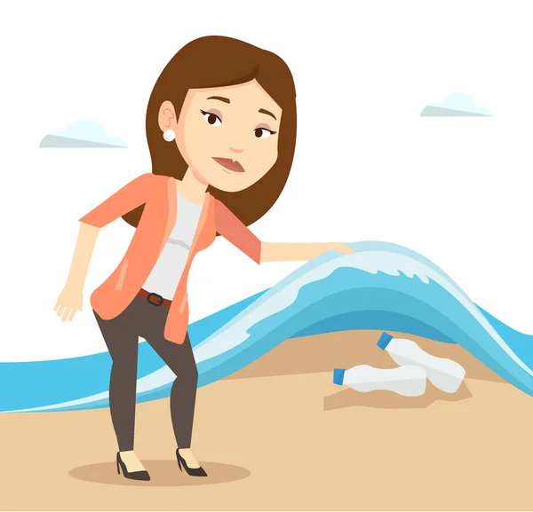 Femme montrant des bouteilles en plastique sous la vague de la mer . — Image vectorielle