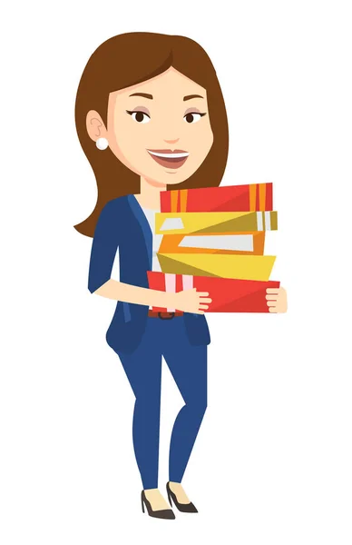 Mujer sosteniendo pila de libros vector ilustración . — Vector de stock