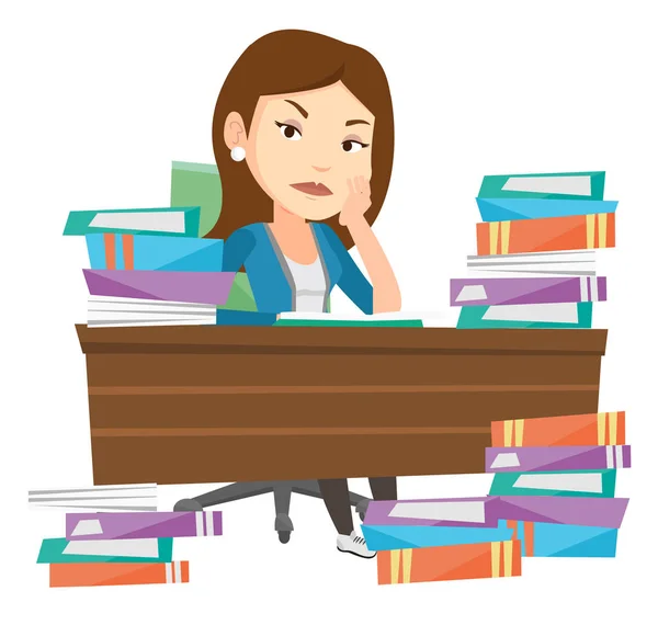 Estudiante sentado a la mesa con montones de libros . — Vector de stock