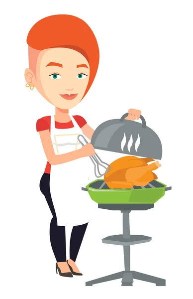 Woman cooking chicken on barbecue grill. — Stock Vector