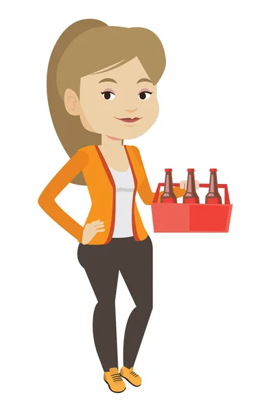 Donna con confezione di illustrazione vettoriale birra . — Vettoriale Stock