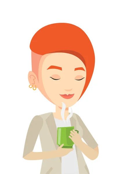 Mujer disfrutando de taza de ilustración vector de café — Vector de stock