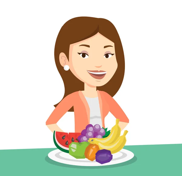 Mujer con fruta fresca vector ilustración . — Archivo Imágenes Vectoriales