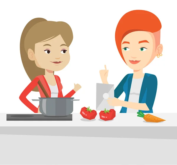 Mujeres cocinando comida vegetal saludable . — Vector de stock