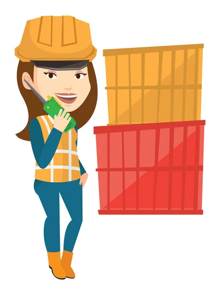 Port worker talking on wireless radio. — Stock Vector