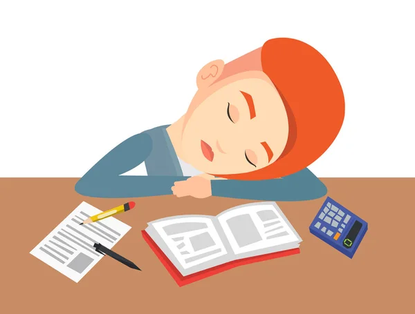 本と机で眠る女性の学生. — ストックベクタ