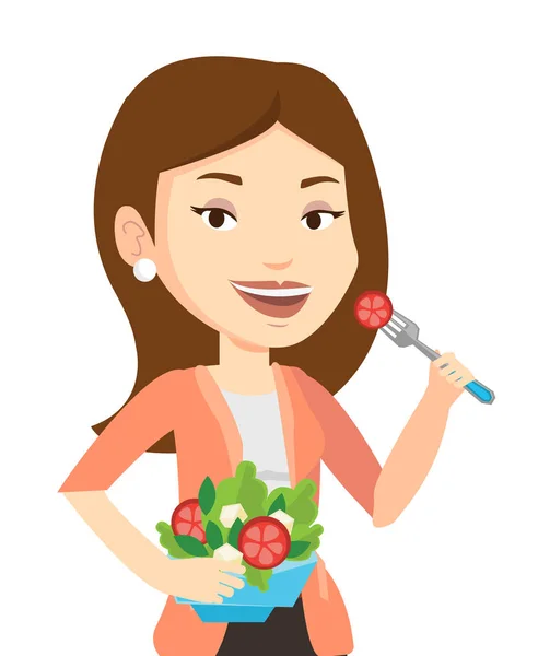 Mujer comiendo ensalada de verduras saludables . — Vector de stock