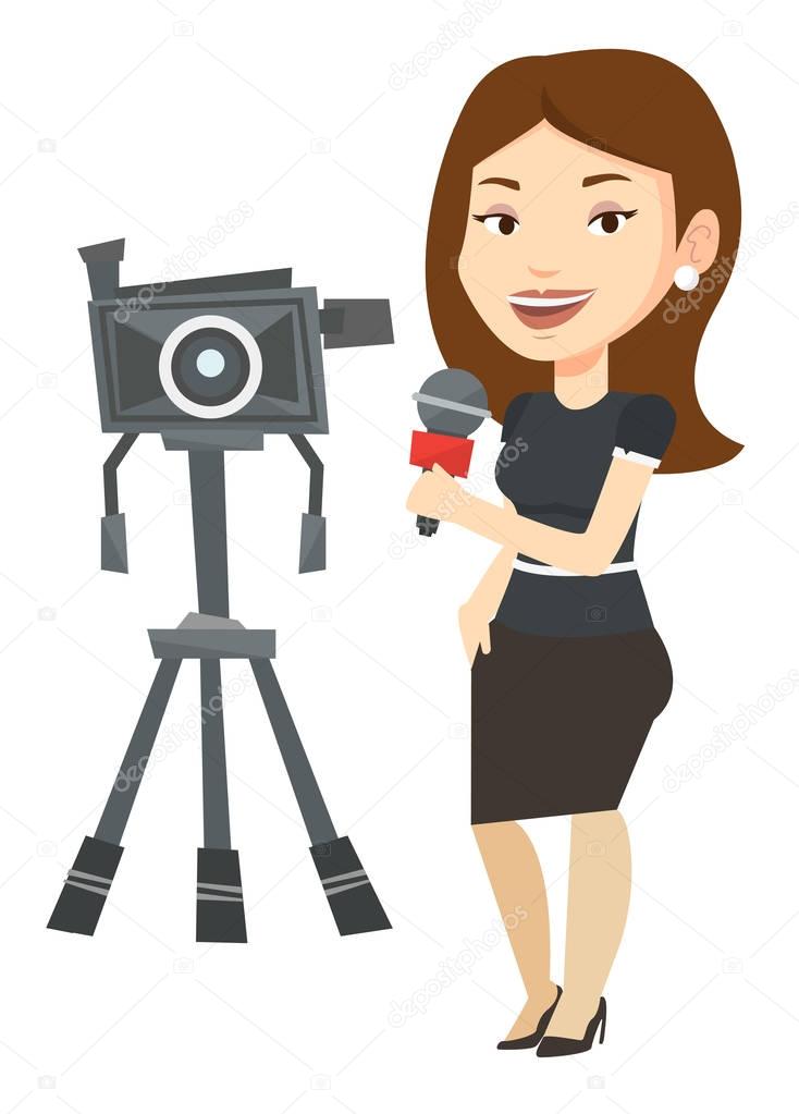 TV reporter with microphone and camera.