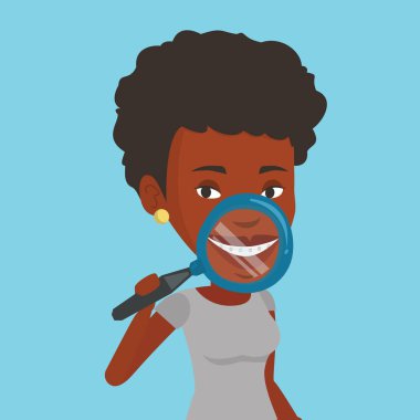 Dişlerini inceleyerek kadın illüstrasyon vektör.