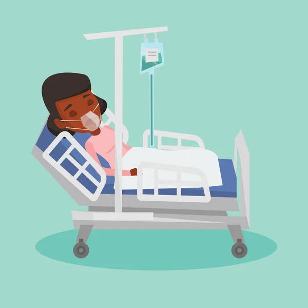 Paciente acostado en cama de hospital con máscara de oxígeno . — Vector de stock