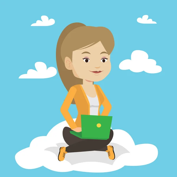 Mulher usando a tecnologia de computação em nuvem . —  Vetores de Stock