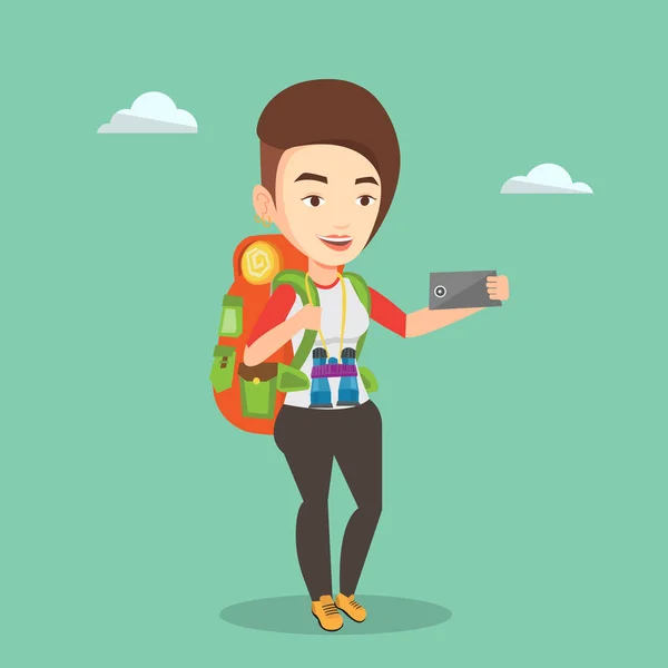 Woman with backpack making selfie. — Stock Vector
